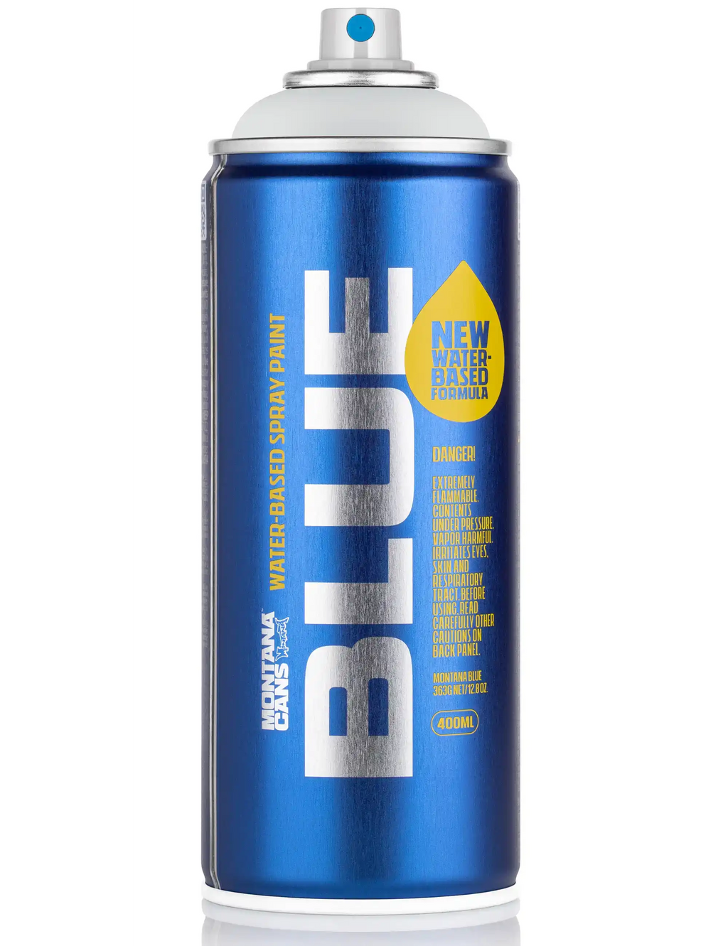 Blue water-based spray paint can with front label, 400 ml