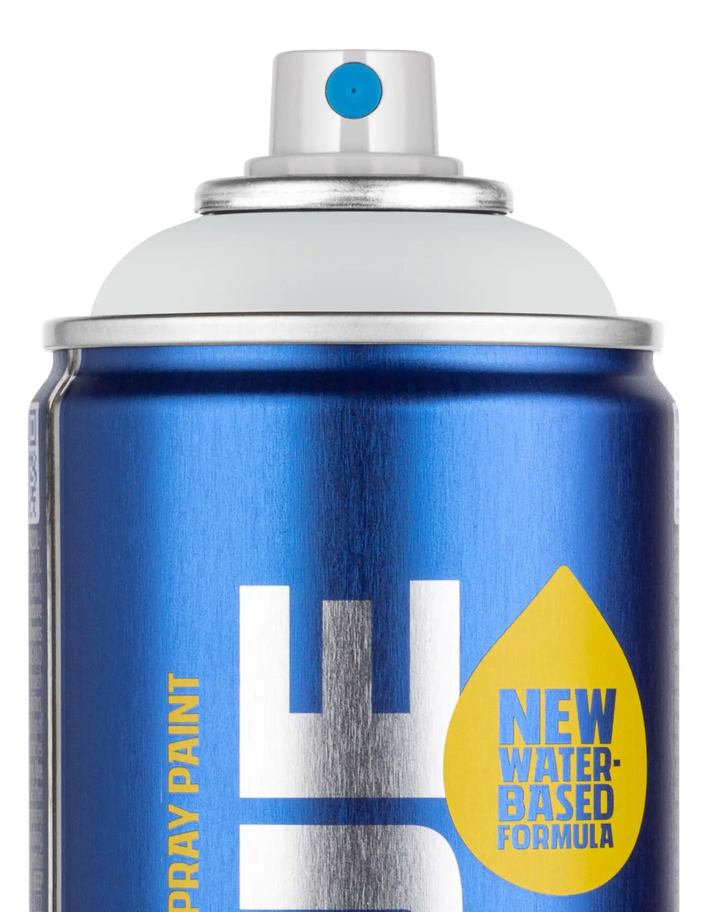 Close-up of blue water-based spray paint can top and front label, 400 ml
