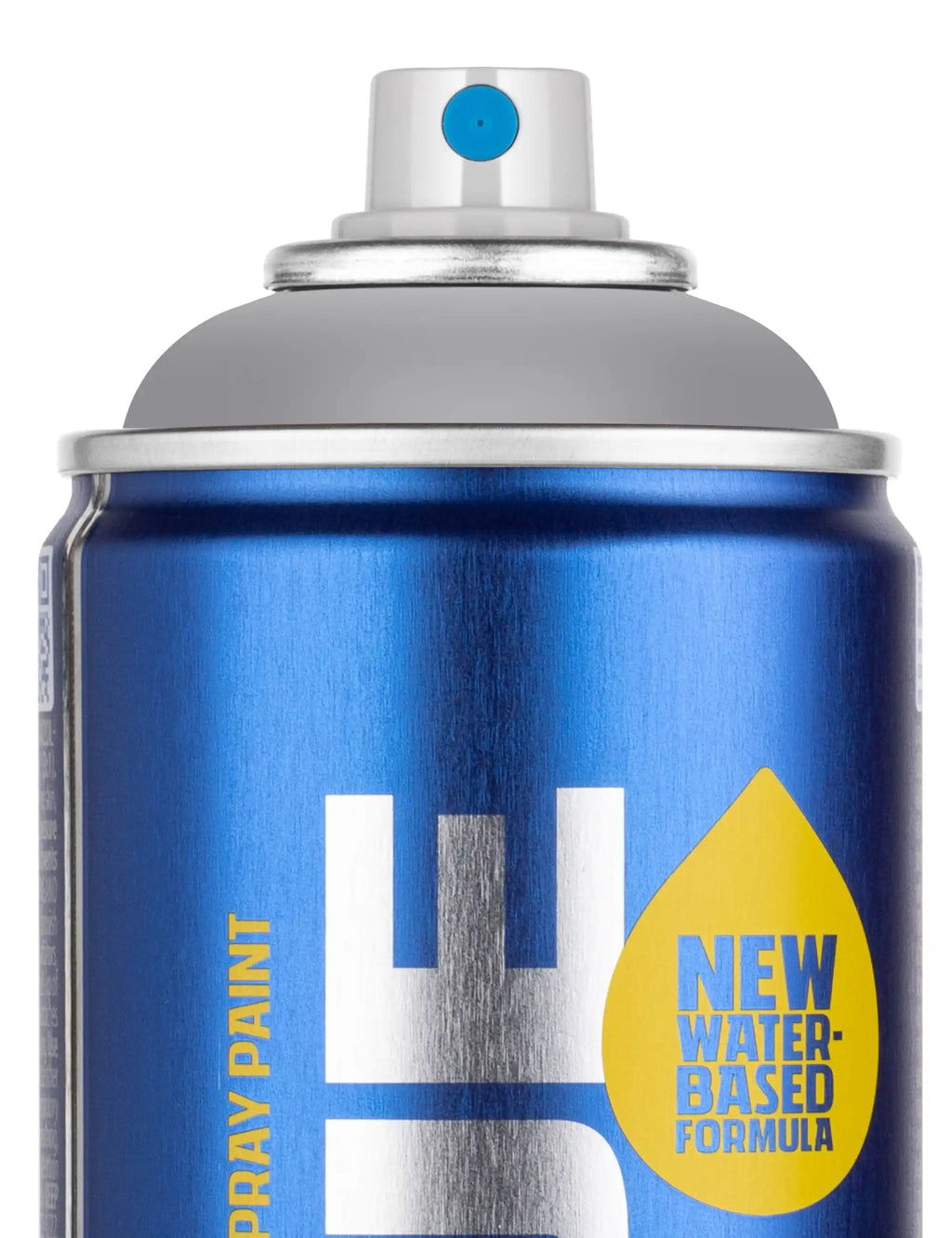 Close-up of blue water-based spray paint aerosol can with silver top