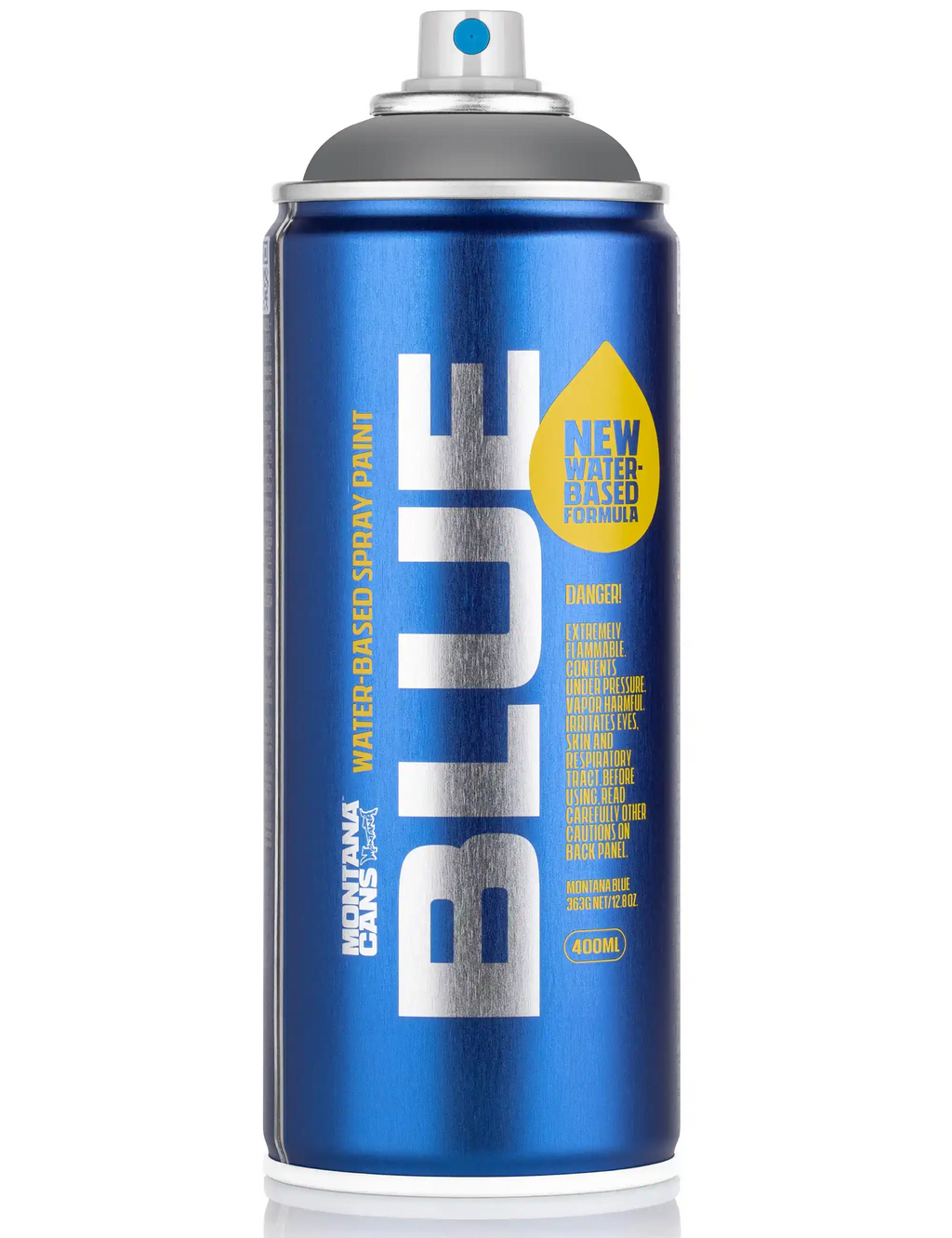 Water-based spray paint can, blue 400 ml, front view with spray cap