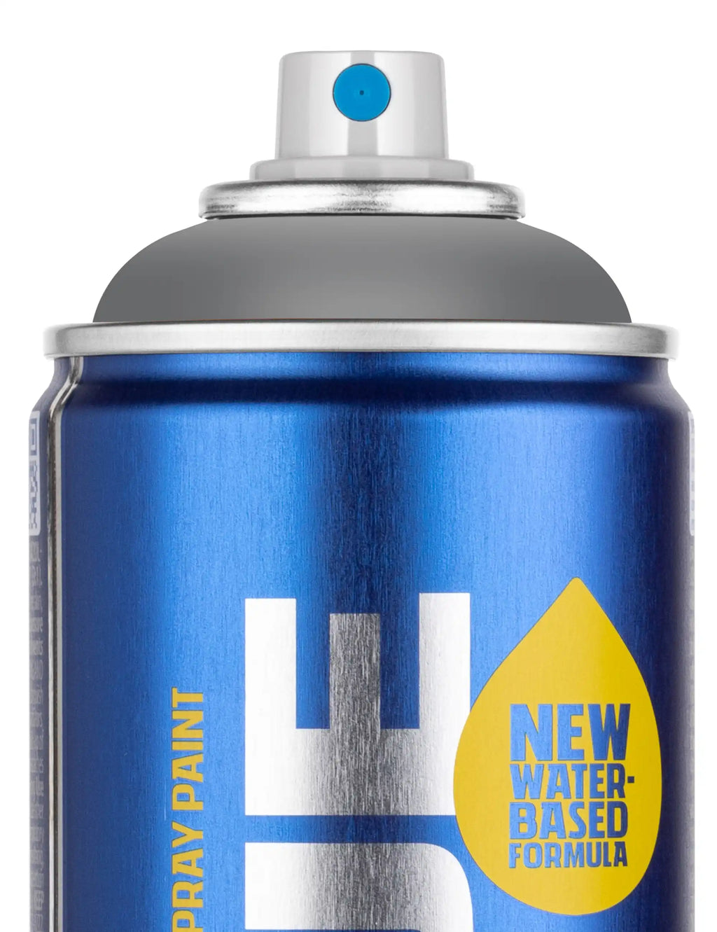 Water-based spray paint can close-up, blue 400 ml, top nozzle and branding