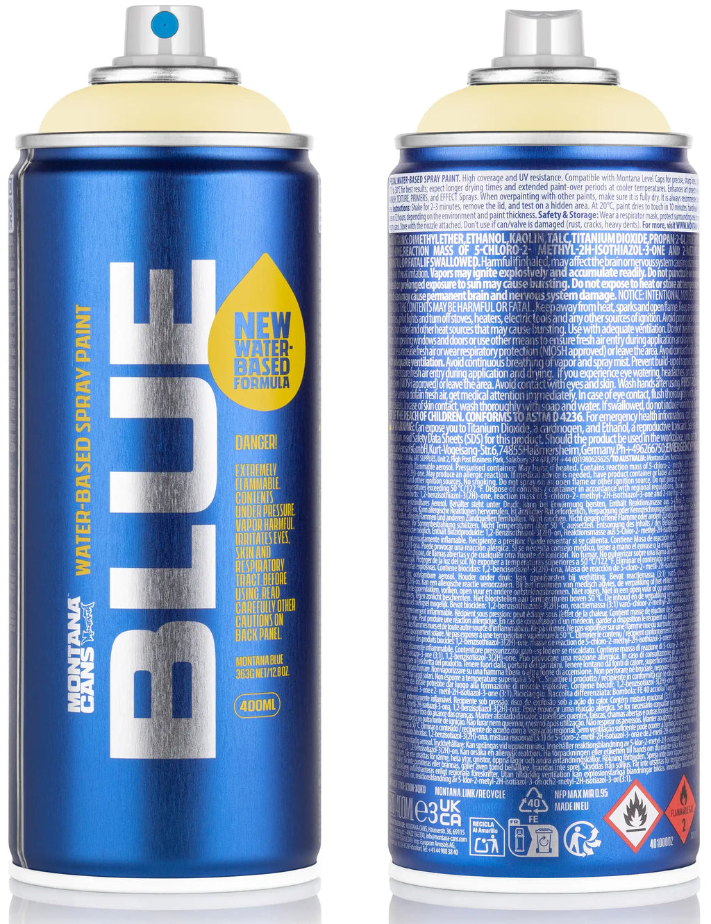 Water-based spray paint can, blue 400ml with front and back labels