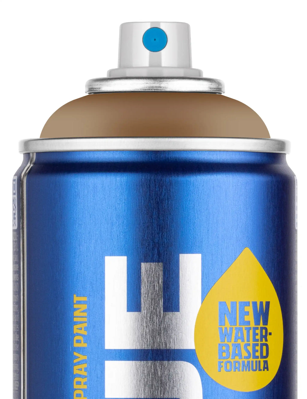 Blue water-based spray paint can close-up with 'New Water-Based Formula' badge