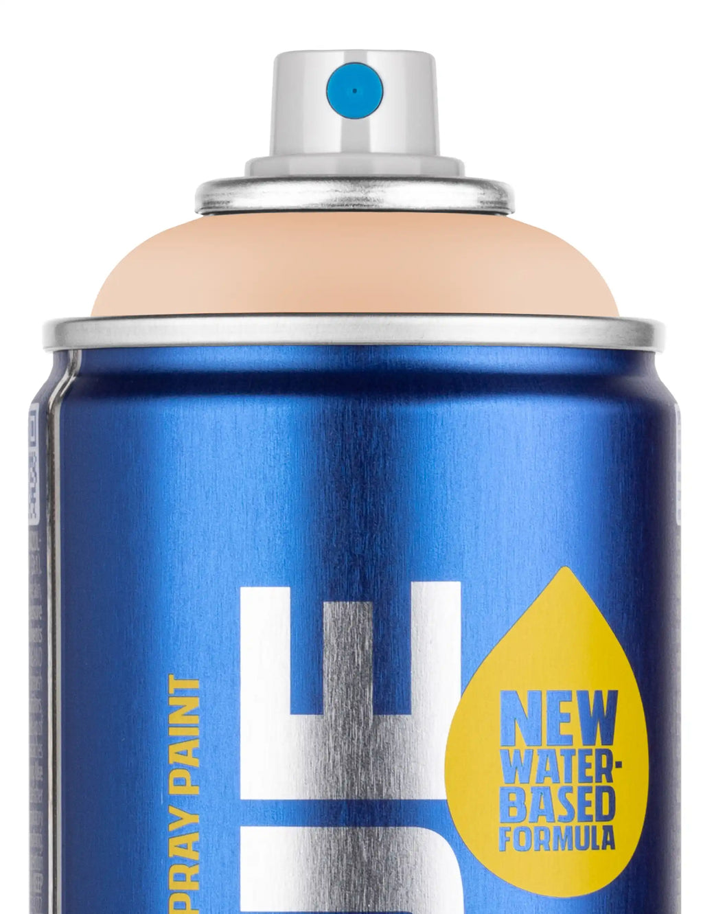 Water-based spray paint can close-up, blue with yellow “New water-based formula” badge