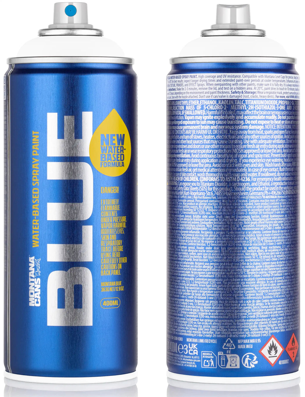 Water-based spray paint can, blue body; front and back label views
