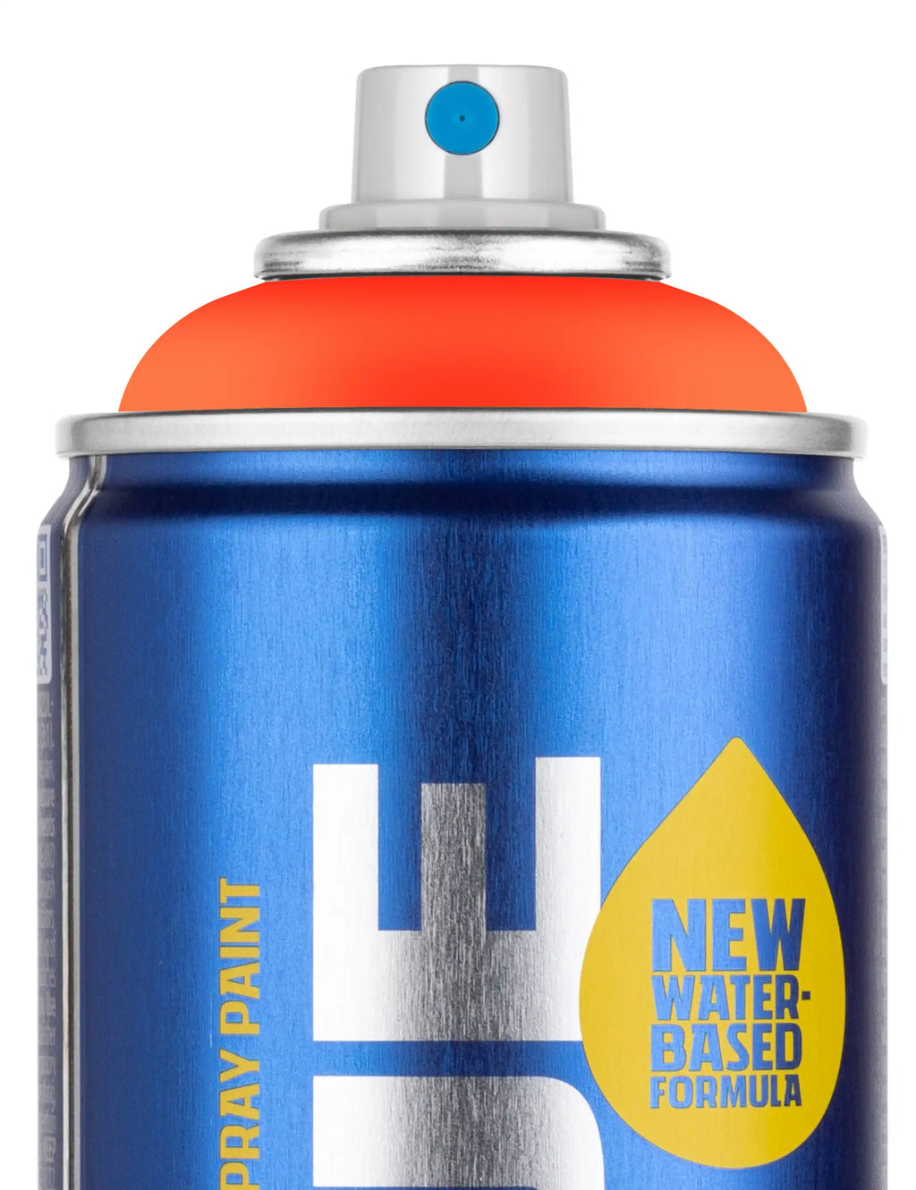 Close-up of water-based spray paint aerosol can, blue body and orange top