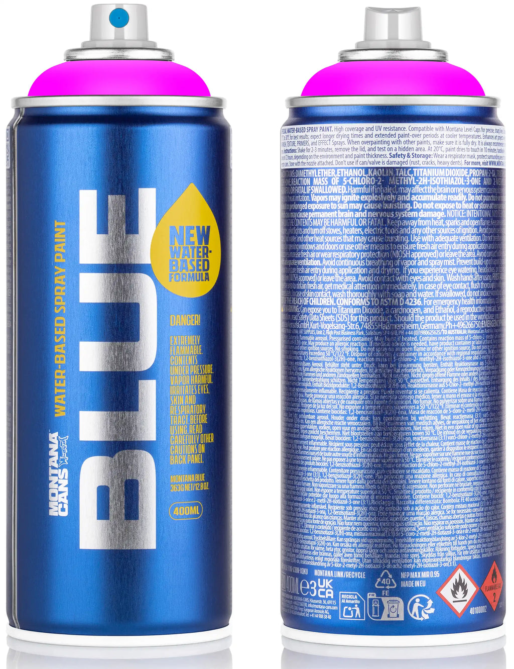 Water-based spray paint can back label, blue can with fluorescent pink cap and nozzle