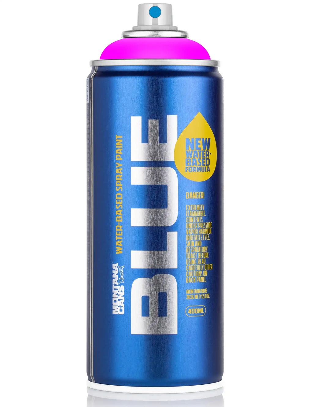 Water-based spray paint can, blue body with fluorescent pink cap and nozzle