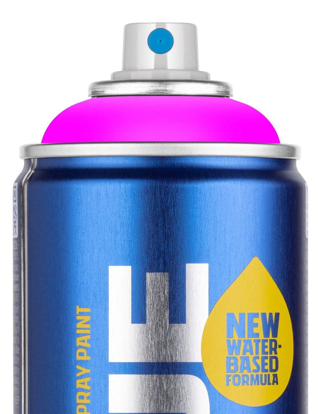 Water-based spray paint can close-up, blue body with fluorescent pink top and nozzle