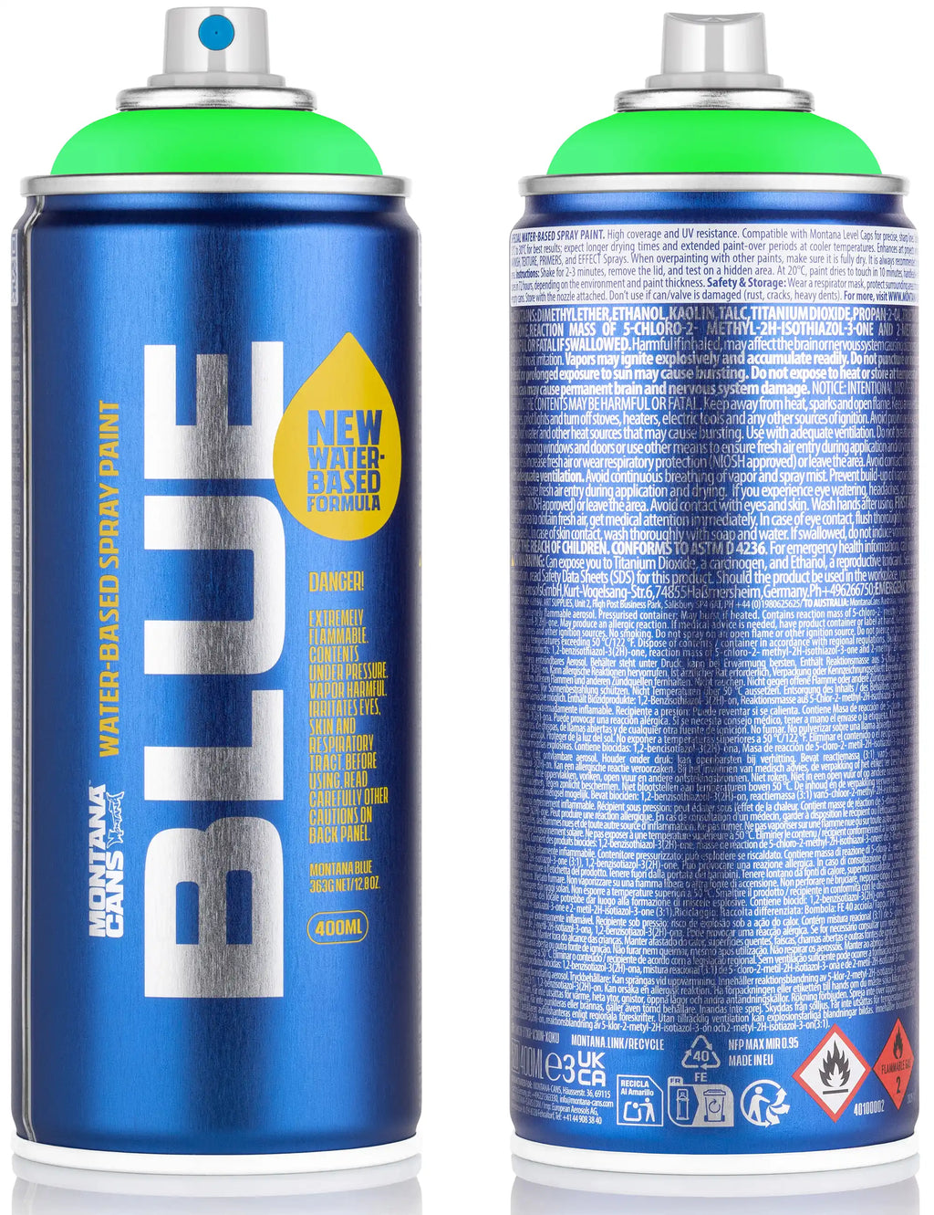 Water-based spray paint can with fluorescent green cap; blue can showing label