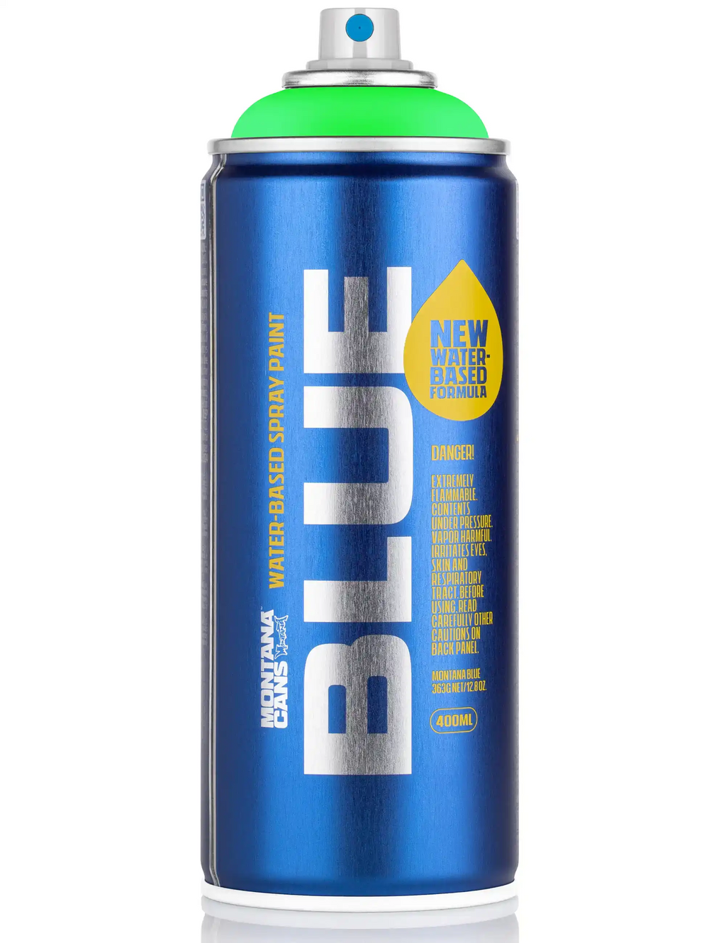 Water-based spray paint can with fluorescent green top; blue can front label
