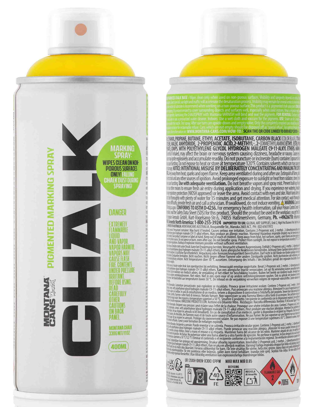 Chalk spray can pair: front yellow cap, back dense text and hazard symbols