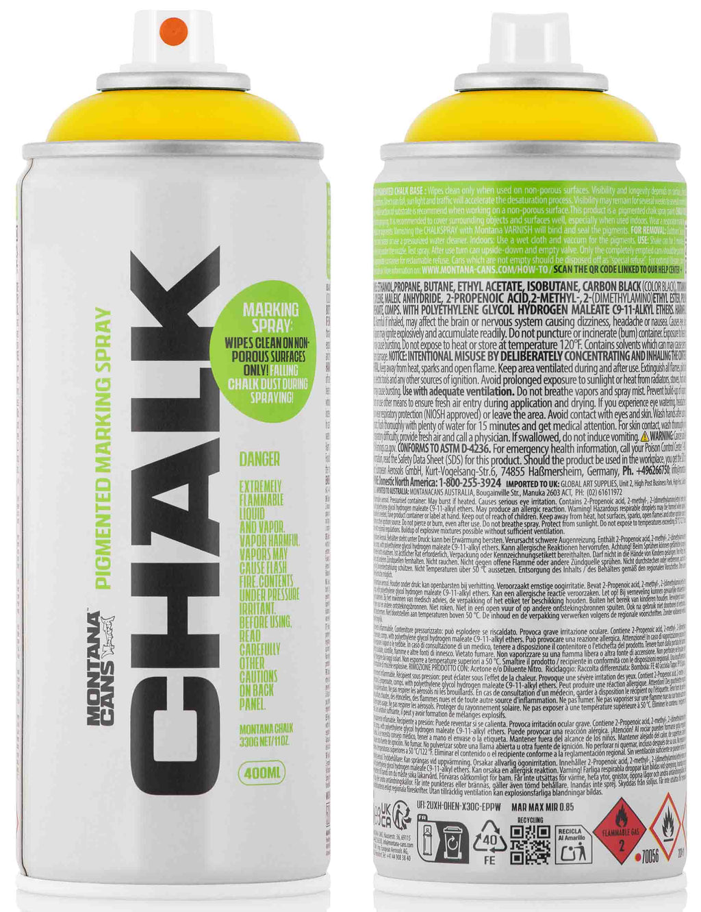 Chalk spray can back label with green and white text and hazard icons