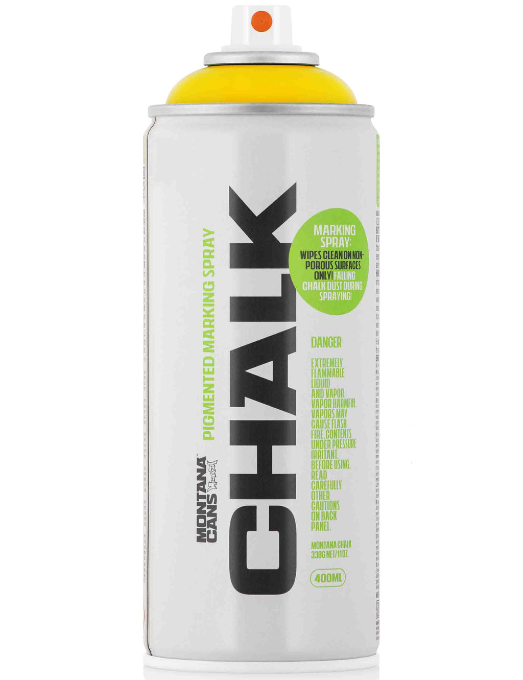 Chalk spray can, yellow cap, white body with black CHALK text and 400 ml