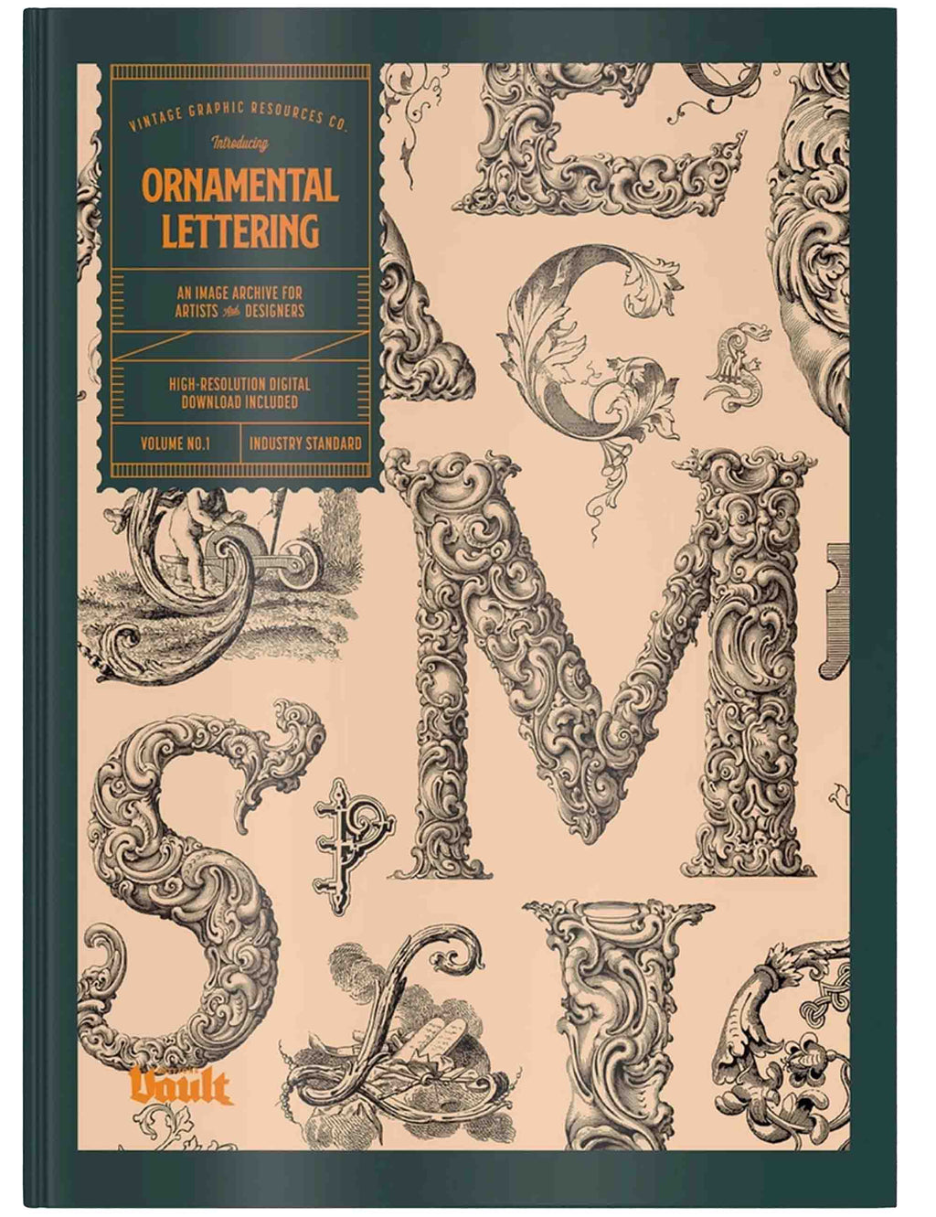 Book cover with ornamental lettering design on a beige background