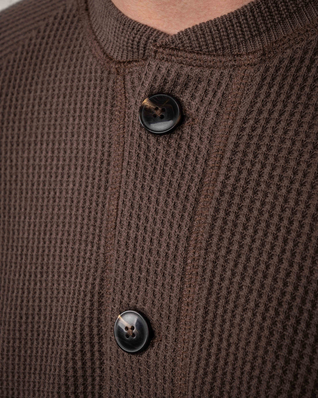 Pike Brothers 1936 Waffle Shirt in Gilbert Brown, close-up of button placket