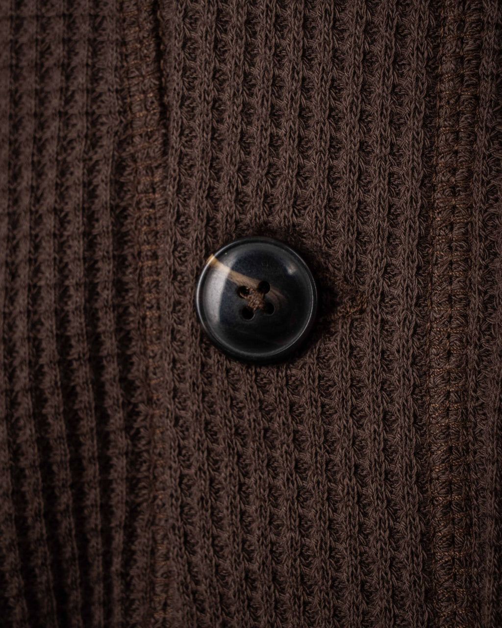 Pike Brothers 1936 Waffle Shirt in Gilbert Brown, detail of horn-effect button on waffle knit