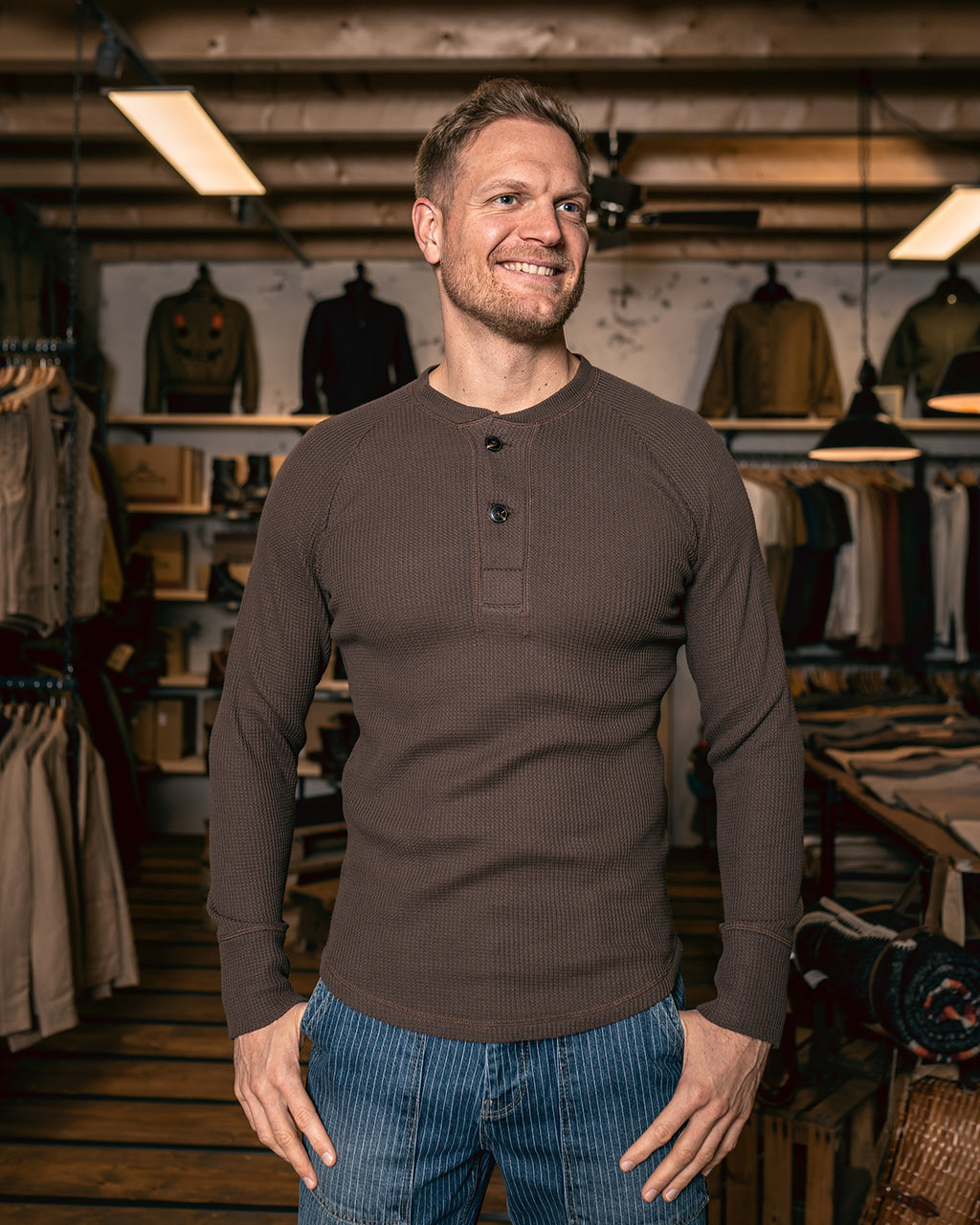 Pike Brothers 1936 Waffle Shirt in Gilbert Brown, lifestyle shot worn in store