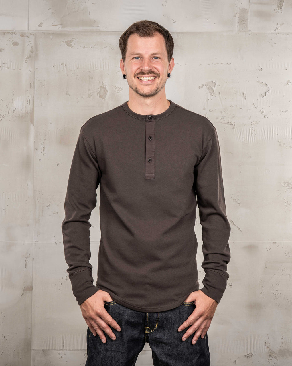 Pike Brothers 1954 Utility Shirt Long Sleeve in Coffee, front view on model