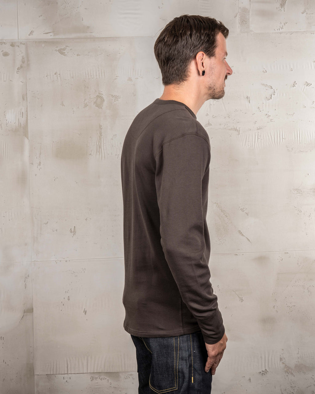 Pike Brothers 1954 Utility Shirt Long Sleeve in Coffee, side view on model