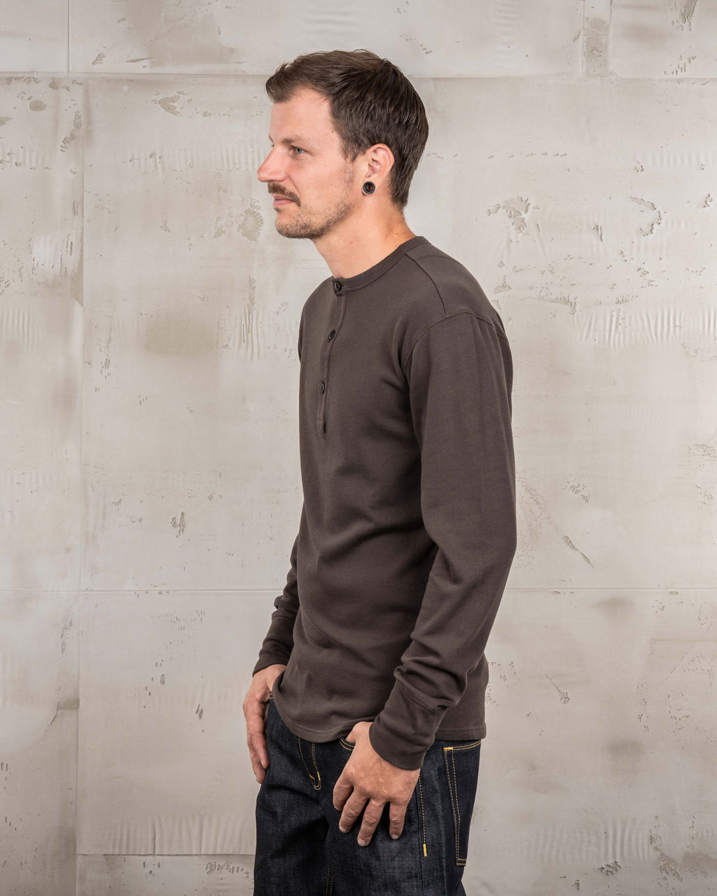 Pike Brothers 1954 Utility Shirt Long Sleeve in Coffee, side profile on model