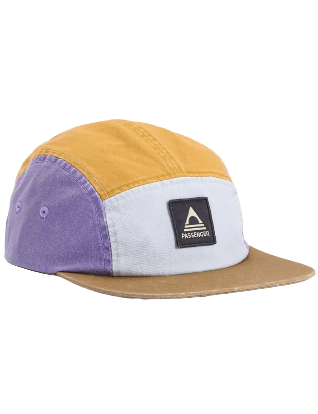 Recycled 5-panel cap in purple, light gray and mustard with Passenger patch