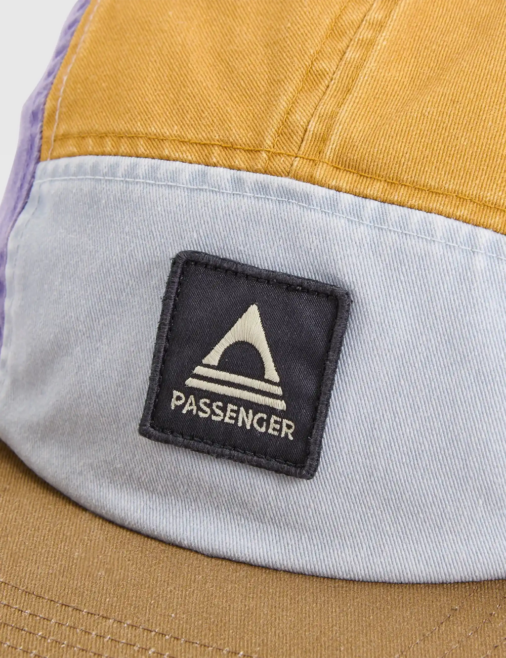 5-panel cap front patch with Passenger logo on light gray panel