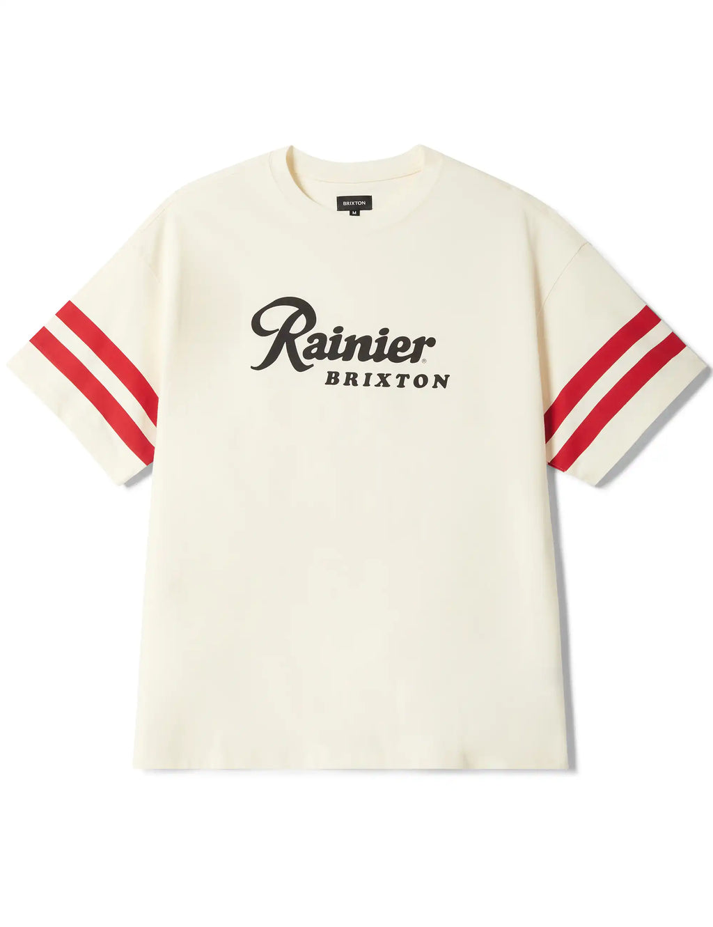Natural oversized T-shirt with Rainier Brixton front print and red striped sleeves