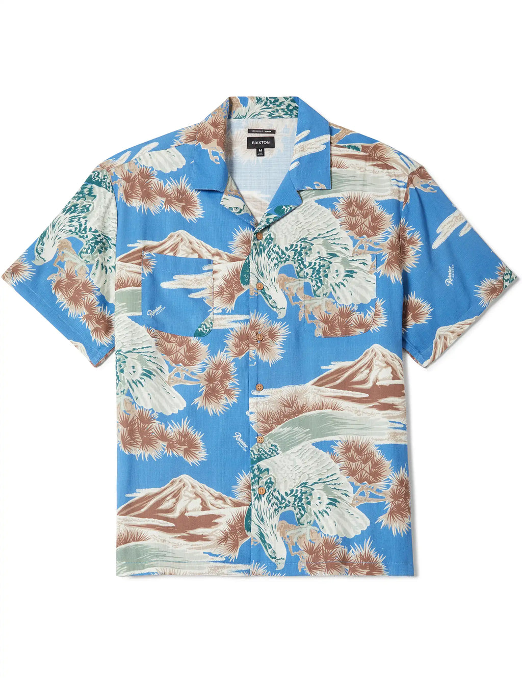 Men's blue woven Hawaiian shirt with tropical floral print, short sleeves, button front