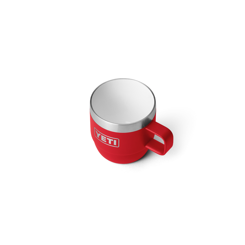 Red 6oz espresso mug with stainless top and side handle, YETI logo on front