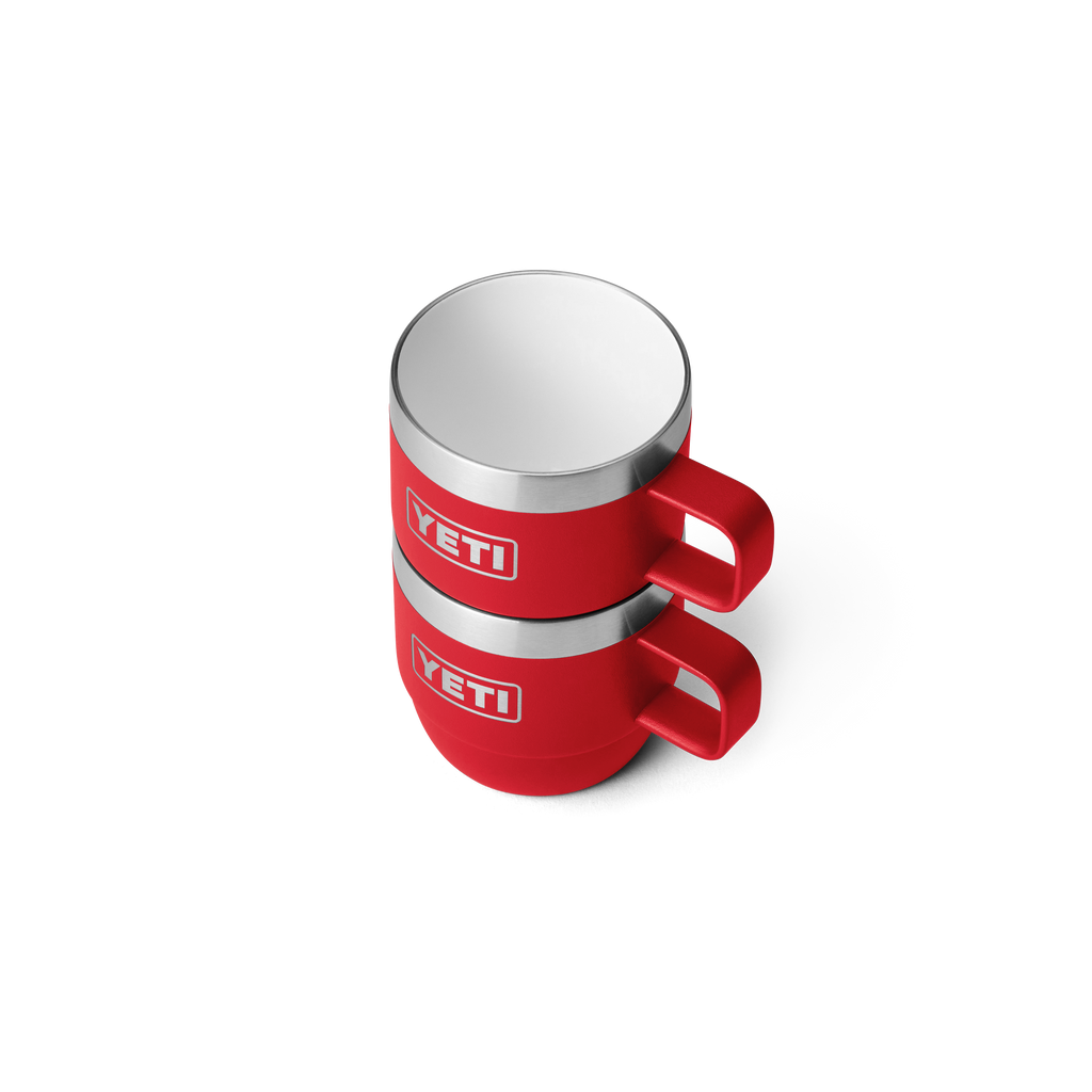 Two red 6oz espresso mugs with stainless lids and handles, YETI logo details