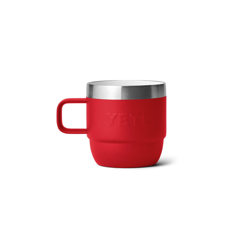 Red 6oz espresso mug with stainless lid and handle, YETI logo on front