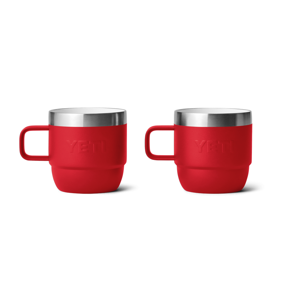 Two red 6oz espresso mugs with stainless lids and side handles, YETI logos