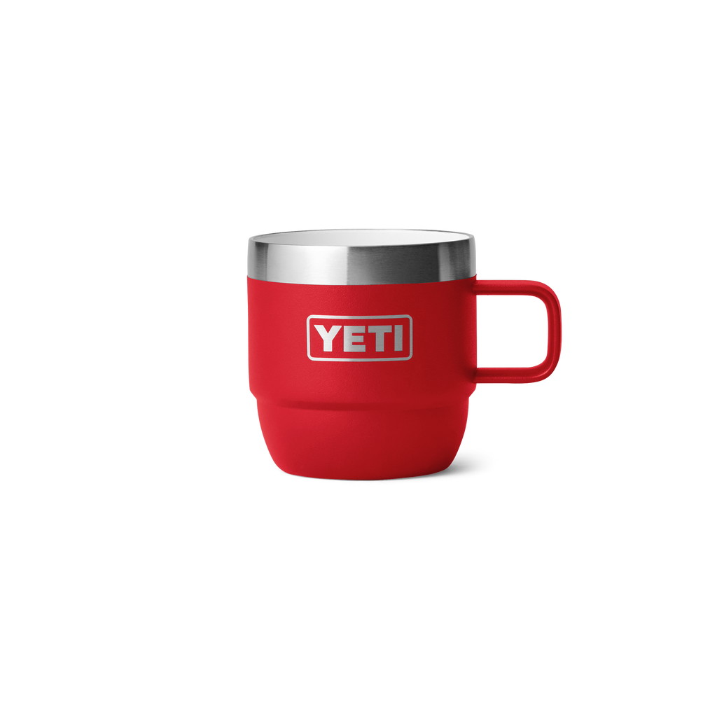 Red 6oz espresso mug with stainless lid, side handle, and YETI logo