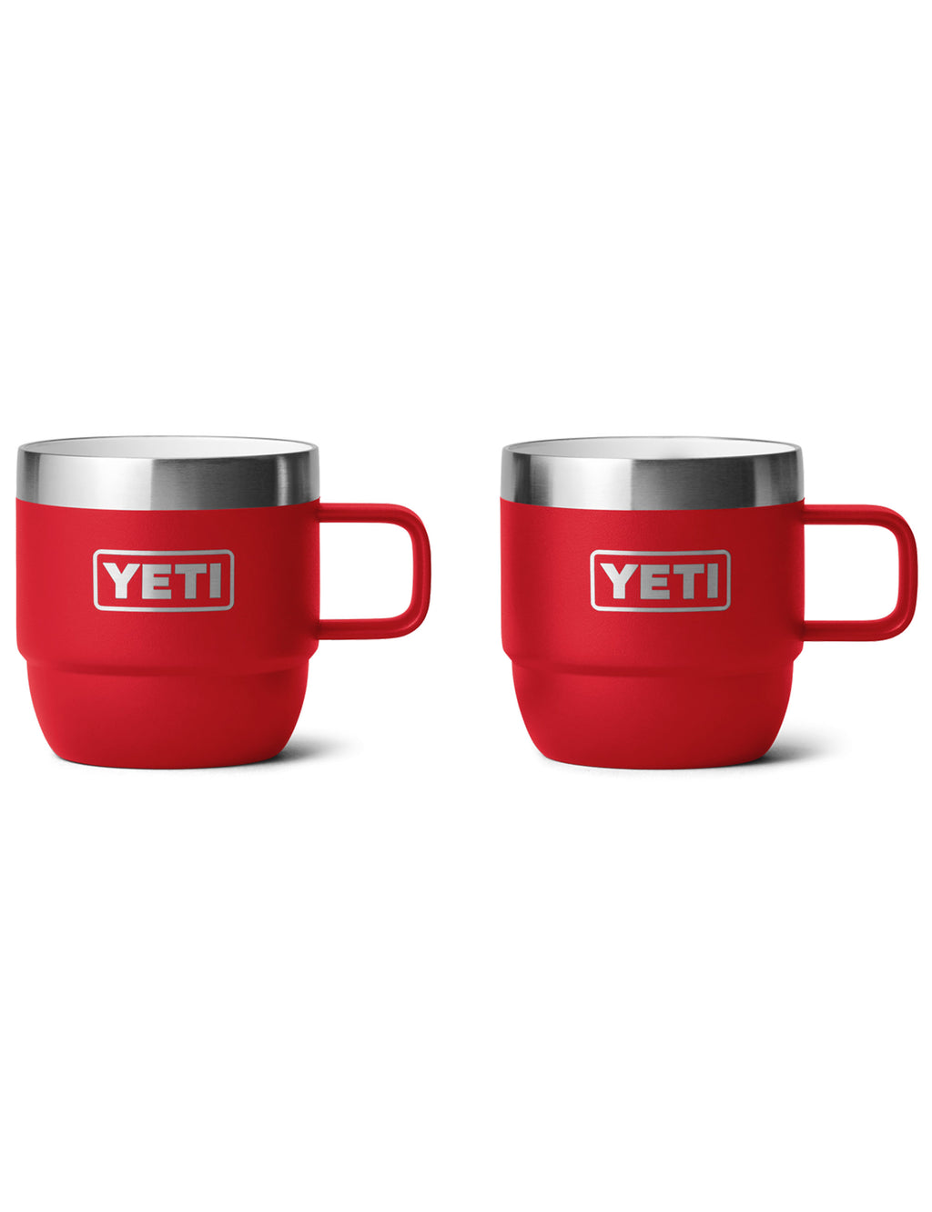 Rescue Red Rambler espresso mugs, 2-pack: two red mugs with stainless rims and YETI logos