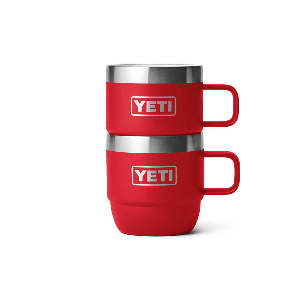 Stacked red 6oz espresso mug set with stainless lids and YETI logos, two handles
