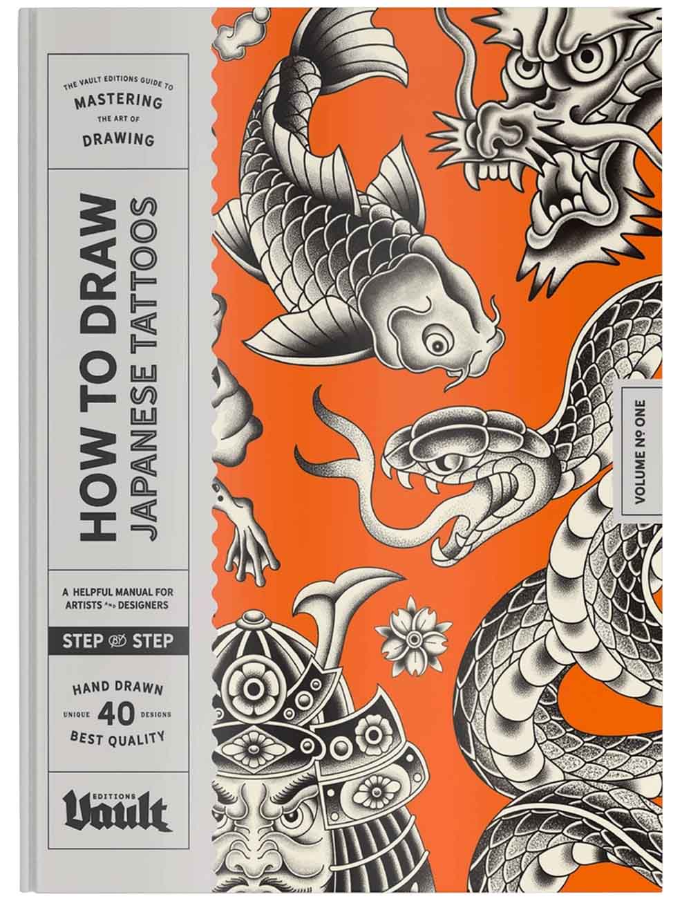 Book cover of 'How to Draw Japanese Tattoos' with dragon, koi fish, and samurai designs on an orange background.