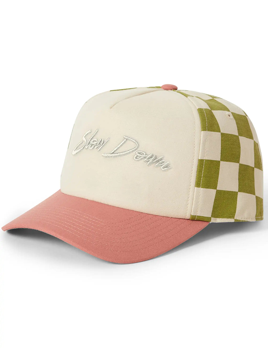 Two-tone snapback cap with off-white front, green gingham side panels, and coral brim