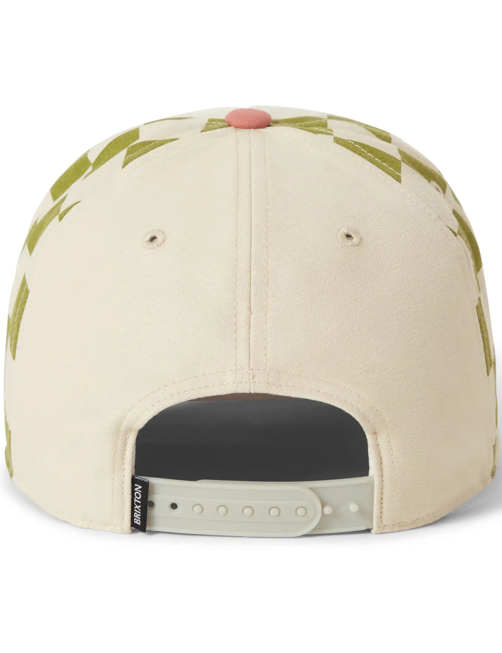 Off-white snapback cap with green check print, eyelets, and adjustable back strap