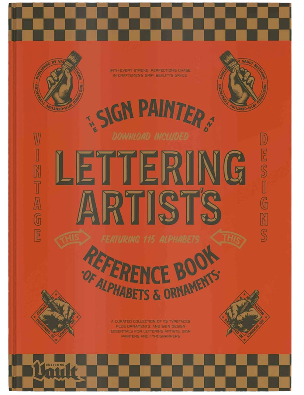 Book titled 'Lettering Artists Reference Book' with orange cover and checkered border