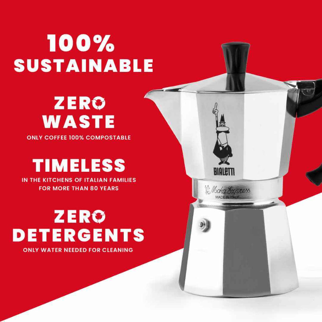 Silver Bialetti coffee maker on a red background with sustainability text
