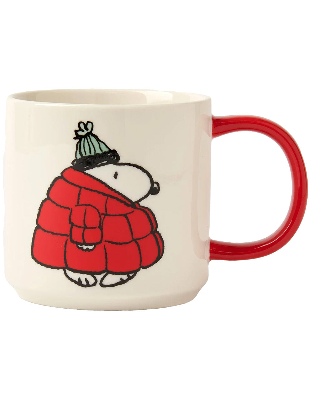 Mug with cartoon dog in red coat and green hat on a white background
