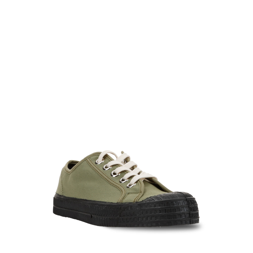 Khaki canvas low-top sneakers with white laces and black textured toe cap