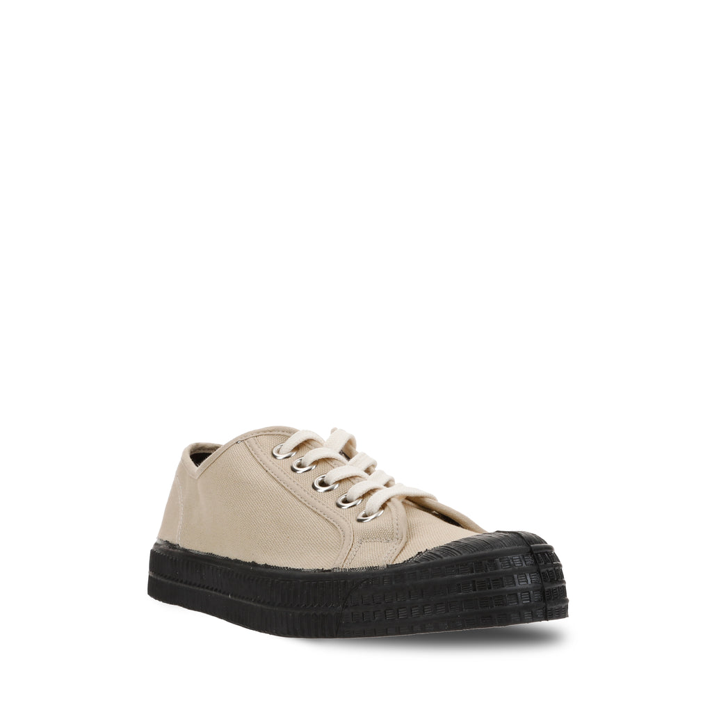 Side view low-top canvas lace-up sneakers, sand and black rubber sole