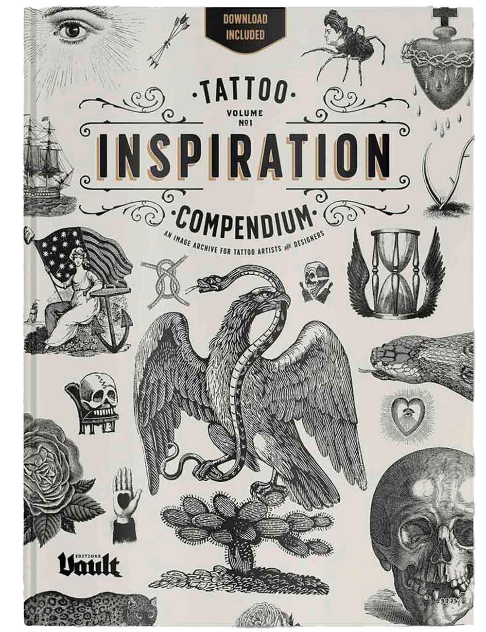 Book cover of 'Tattoo Inspiration Compendium' with black and white illustrations on a beige background.