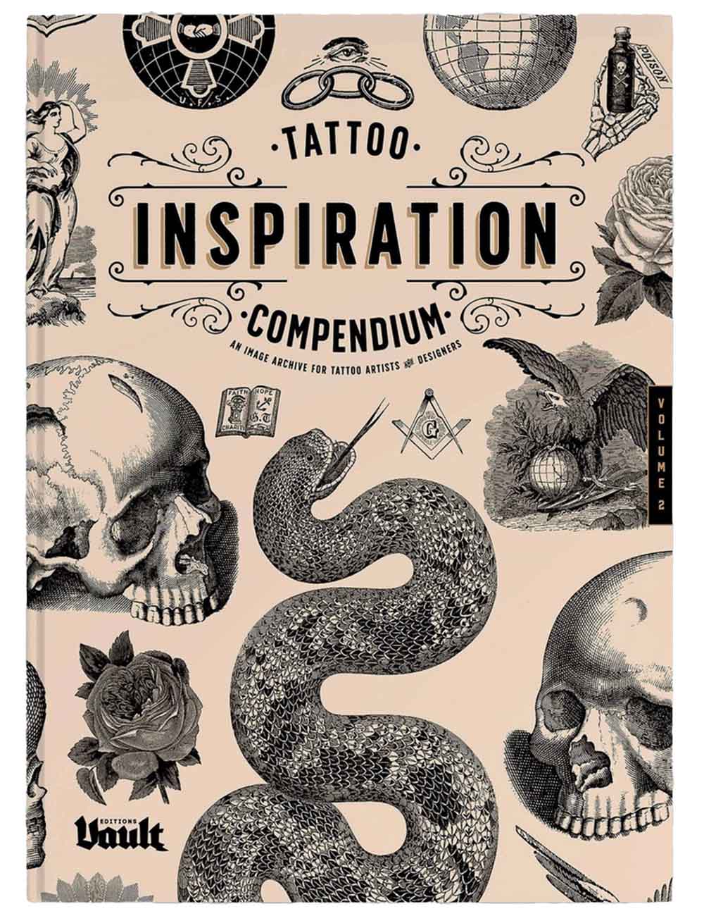Book titled 'Tattoo Inspiration Compendium' with vintage-style illustrations on a beige background.