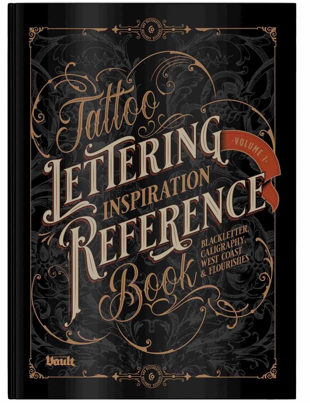 Book titled 'Tattoo Lettering Inspiration Reference Book' with decorative text and black background