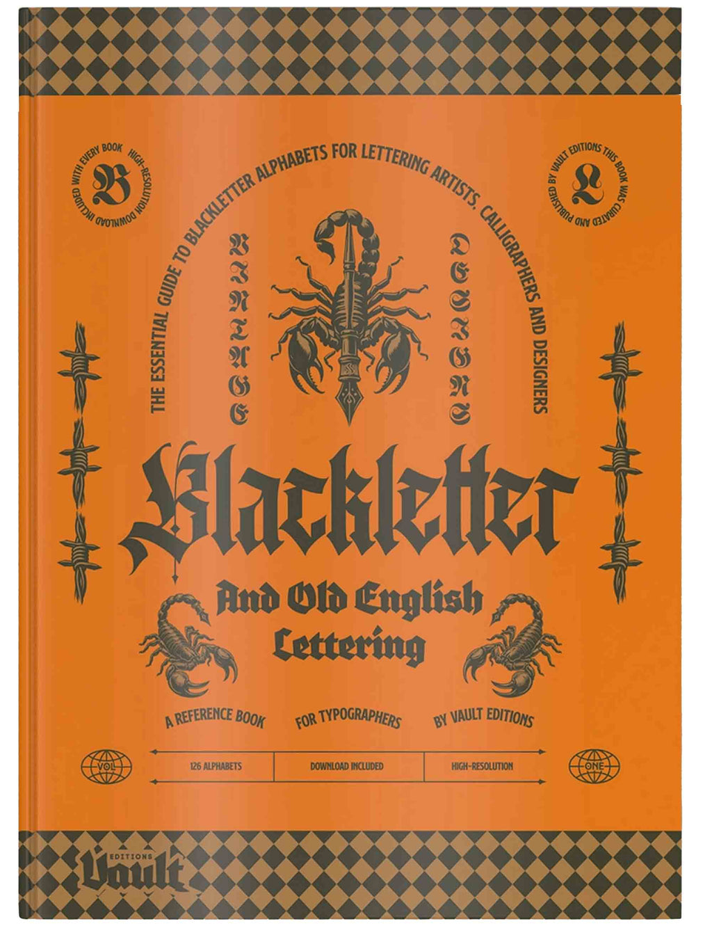 Book cover of 'Blackletter and Old English Lettering' with black lettering on an orange background