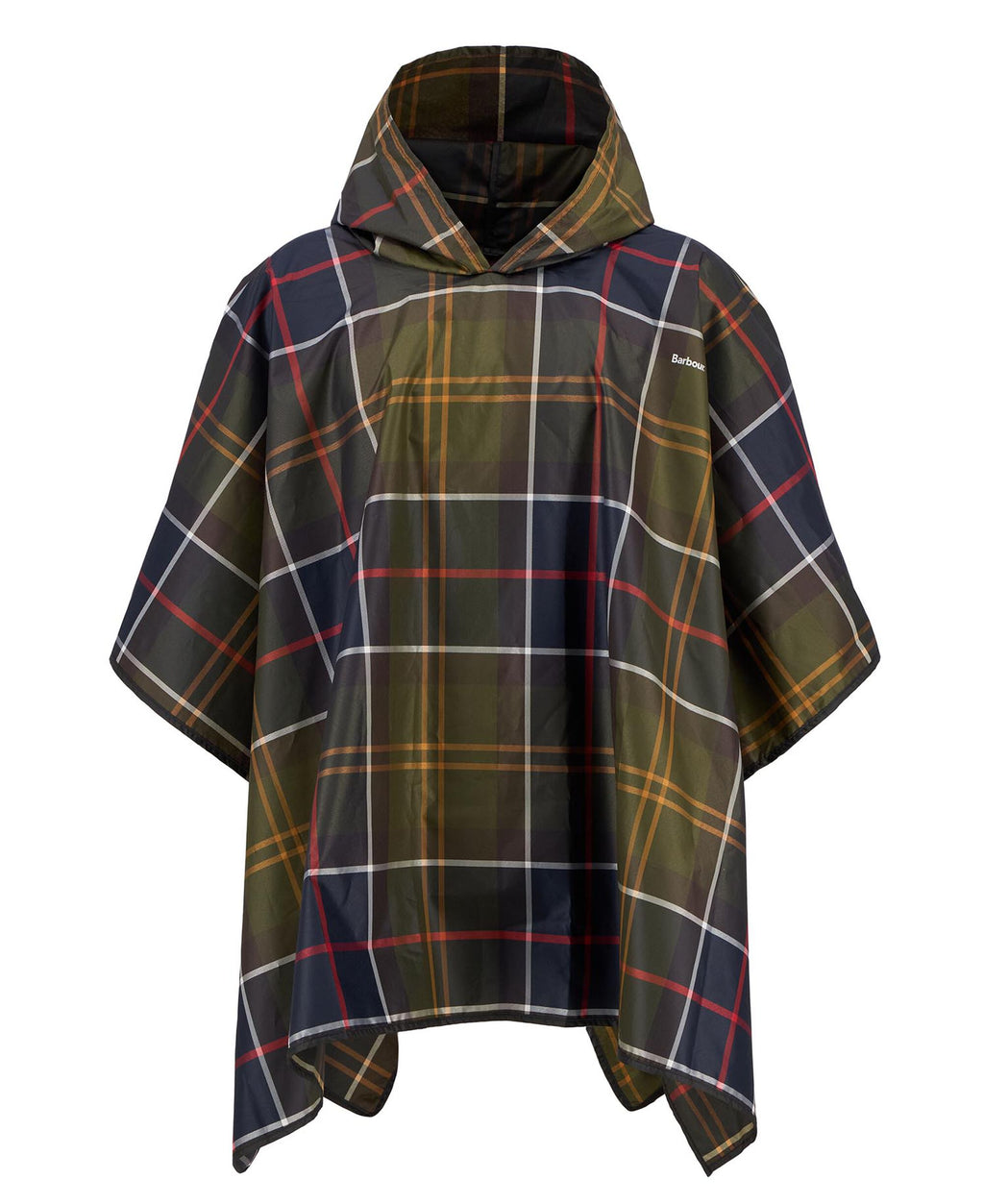 Tartan hooded poncho with draped shoulders, dark green plaid with red and white lines