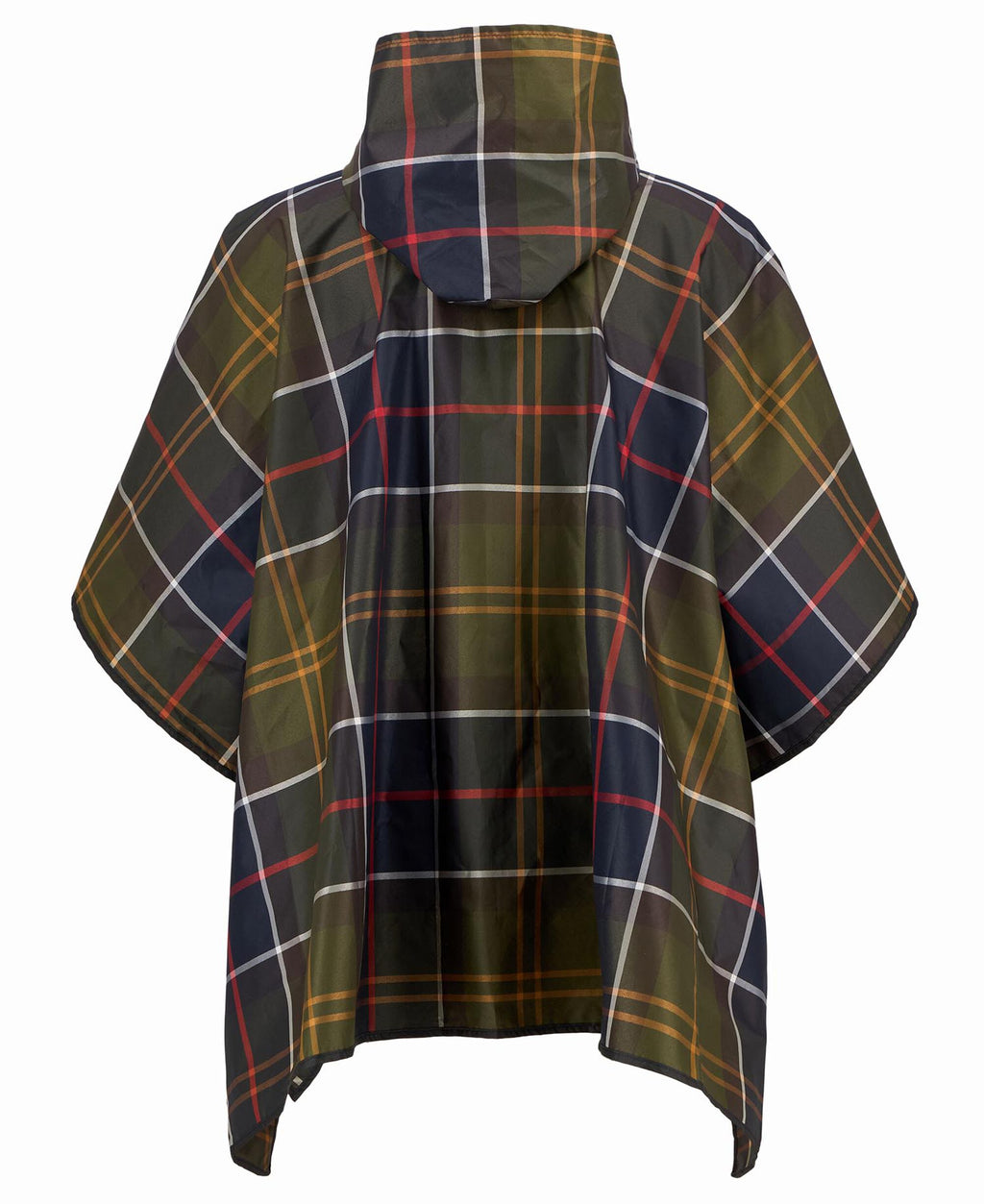 Tartan showerproof poncho with hood, back view, dark green plaid with navy red lines
